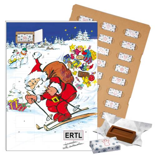 Calendrier de l’Avent ECO « Père Noël skieur » garni de carrés de chocolat