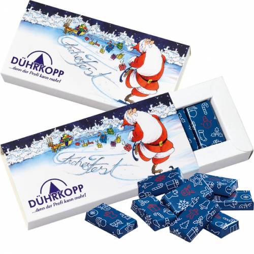 Werbe-Schokoladen-Box mit 10 weihnachtlich gewickelten Schoko-Täfelchen